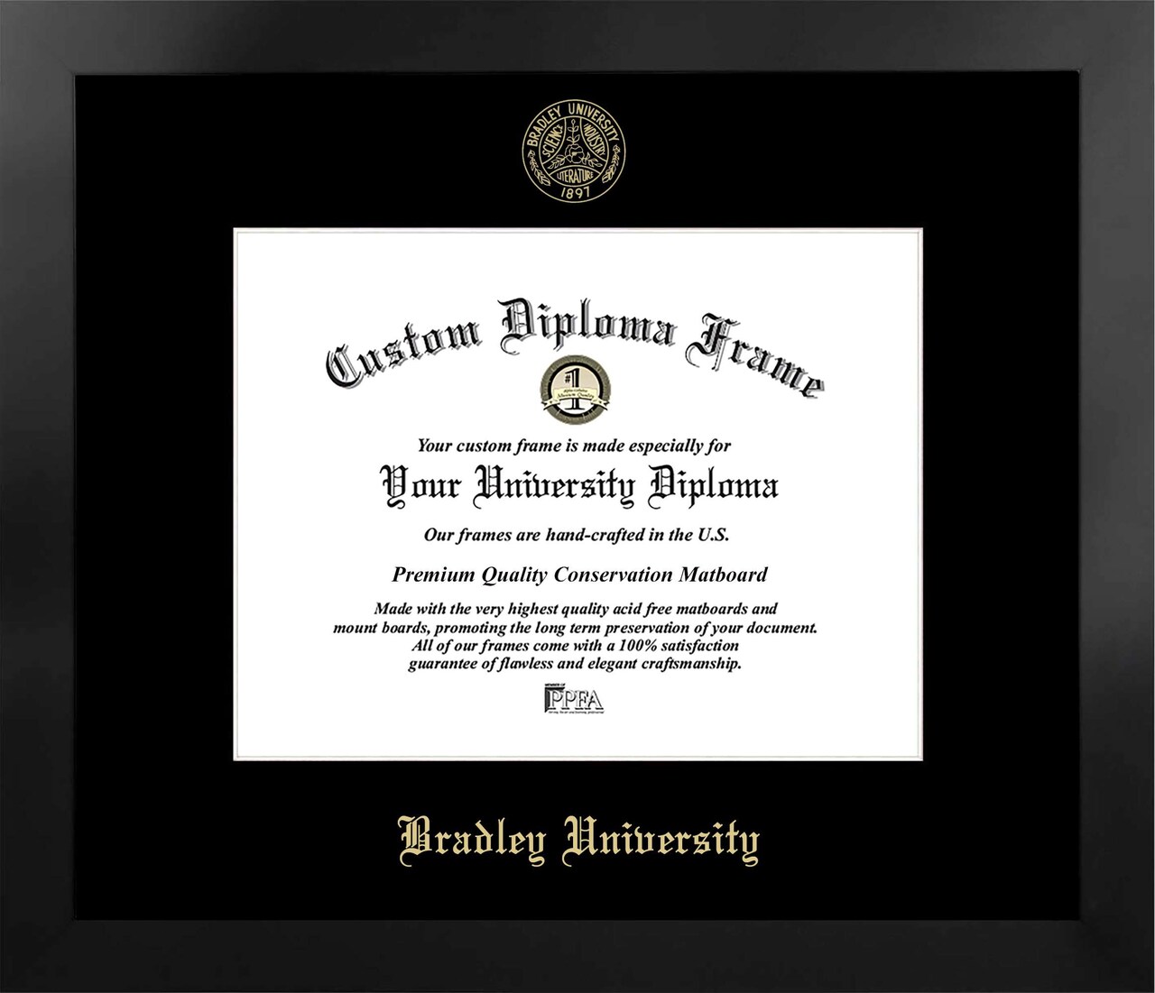 Bradley University 11w x 8.5h Manhattan Black Single Mat Gold Embossed Diploma Frame with Bonus Campus Images Lithograph (value savings at $59)